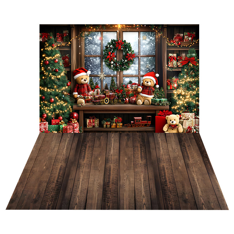 Teddy Train Window Backdrop+Rustic Brown Floor Backdrop MRR8-190