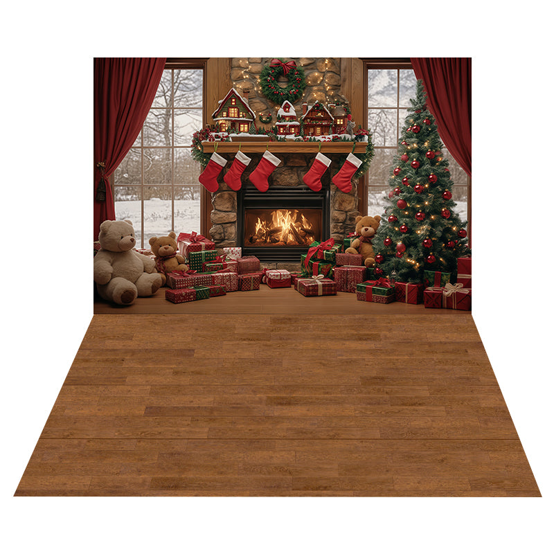 Cozy Hearth Stockings Backdrop+Golden Oak Floor Backdrop MRR8-193