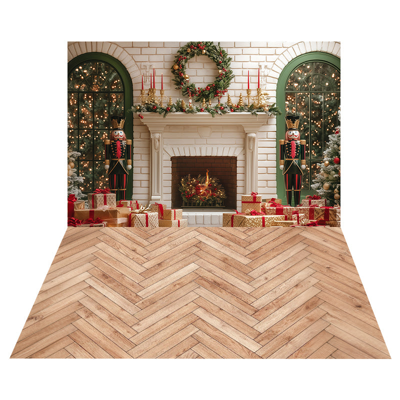 Nutcracker Fireplace Wreath Backdrop+Herringbone Wood Floor Backdrop MRR8-194