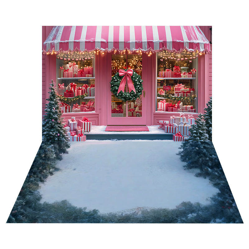 Pink Christmas Shop Backdrop+Frosted Pine Snow Floor Backdrop MRR8-195
