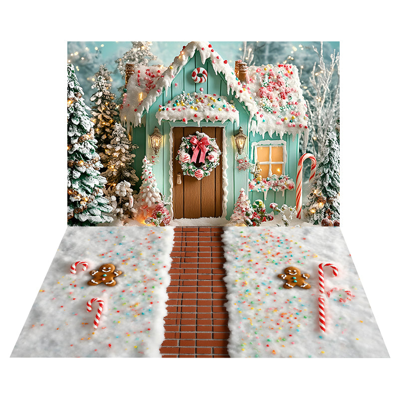 Candy Gingerbread Cottage Backdrop+Christmas Snow Floor Backdrop MRR8-196
