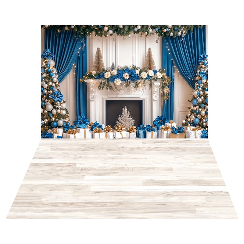 Blue Fireplace Elegance Backdrop+White Washed Wood Floor Backdrop MRR8-198