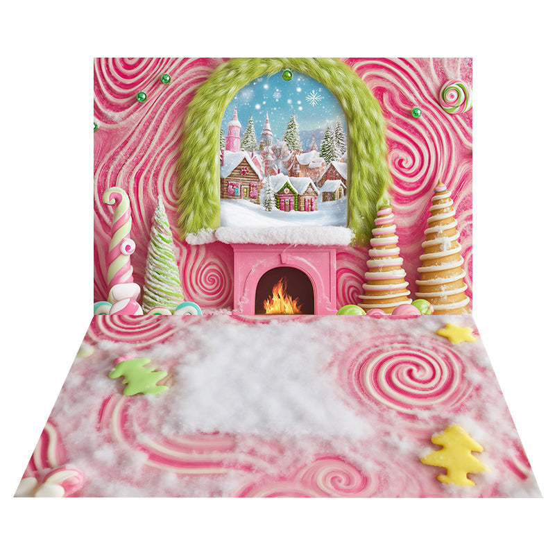 Whimsical Candy Village Backdrop+Swirl Cookie Floor Backdrop MRR8-201