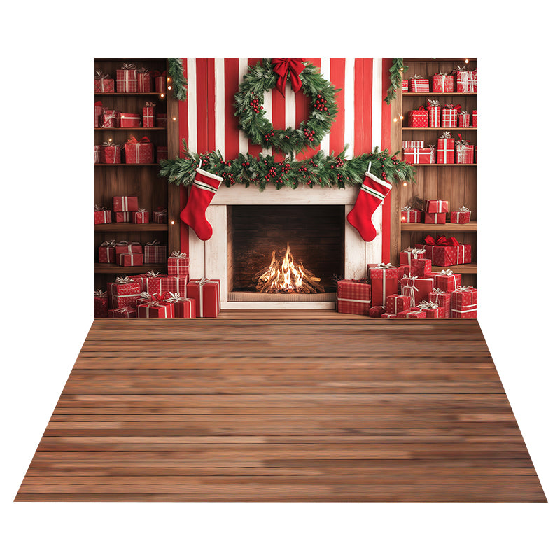 Candy Stripe Fireplace Backdrop+Wooden Plank Floor Backdrop MRR8-202