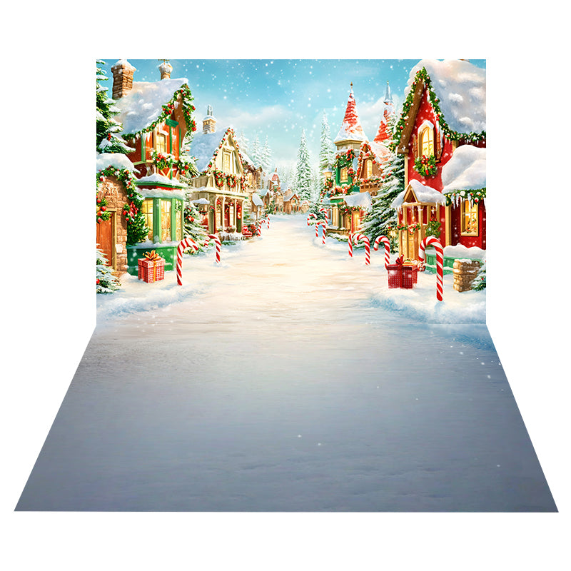 Snowy Village House Backdrop+Winter Snow Floor Backdrop MRR8-204