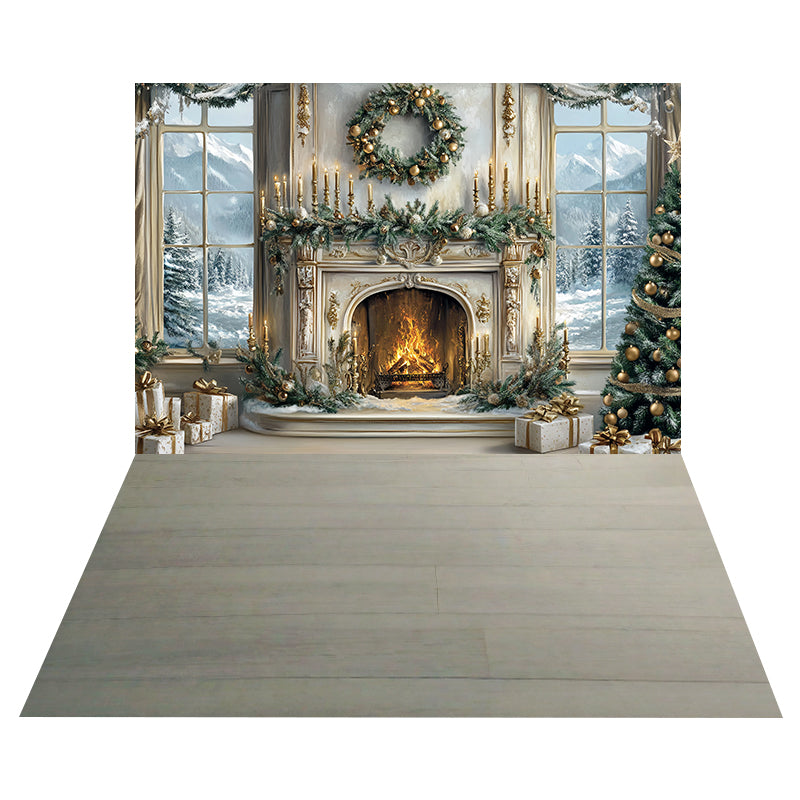 Golden Fireplace Wreath Backdrop+Gray Wood Floor Backdrop MRR8-206
