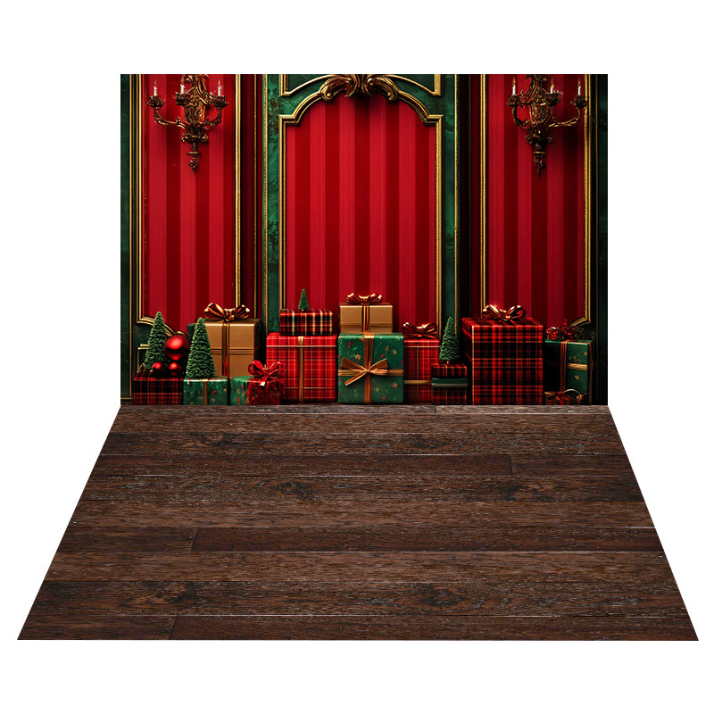 Red Wall Gift Boxes Backdrop+Dark Rustic Oak Floor Backdrop MRR8-208