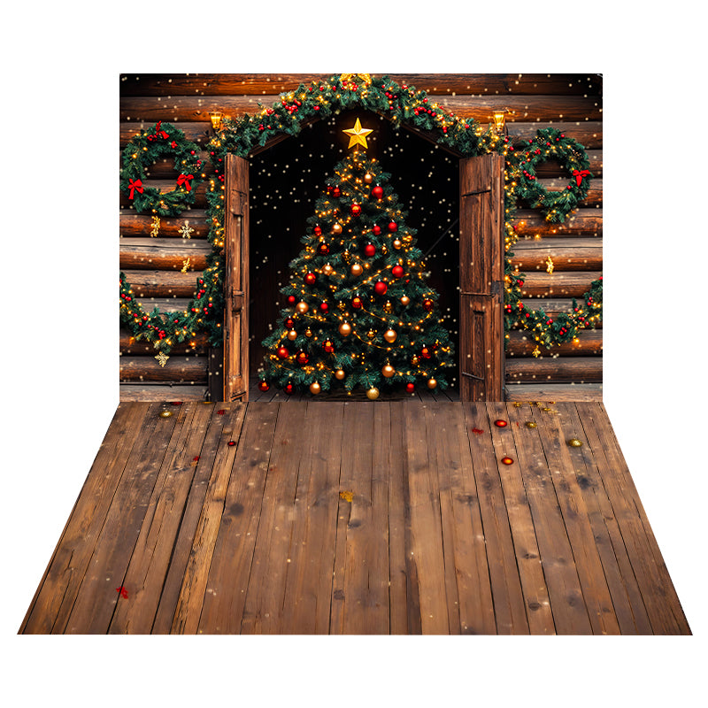 Rustic Cabin Tree Backdrop+Christmas Wood Floor Backdrop MRR8-209