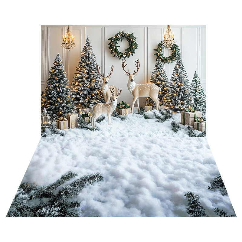 Winter Reindeer Christmas Backdrop+Snow Pine Floor Backdrop MRR8-210
