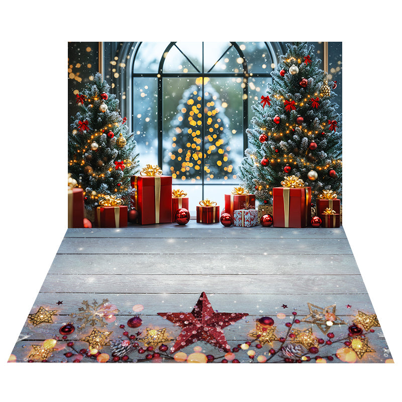 Golden Gift Trees Backdrop+Frosted Star Ornament Floor Backdrop MRR8-211