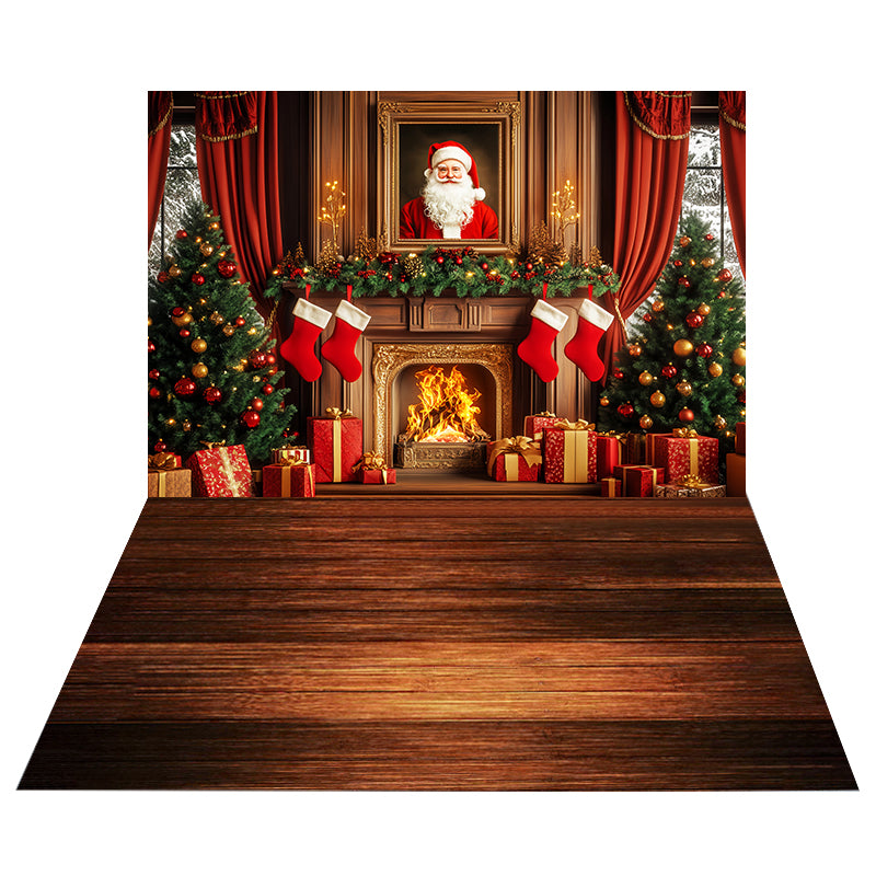 Santa Fireplace Stockings Backdrop+Rustic Wood Floor Backdrop MRR8-212