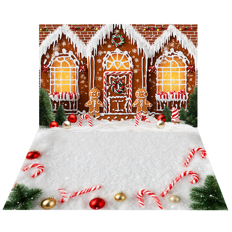 Gingerbread Candy House Backdrop+Christmas Cane Floor Backdrop MRR8-213