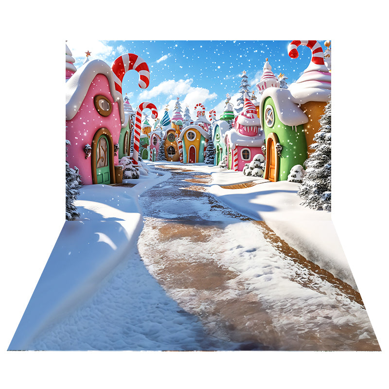 Whimsical Candy Village Backdrop+Snowy Ice Texture Floor Backdrop MRR8-214