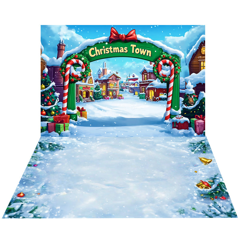 Cartoon Christmas Town Backdrop+Ornaments Snow Floor Backdrop MRR8-215