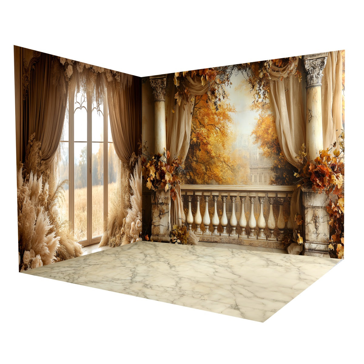 Fall Photo Backdrop Golden Autumn Palace Balcony Backdrop Room Set MRR8-217