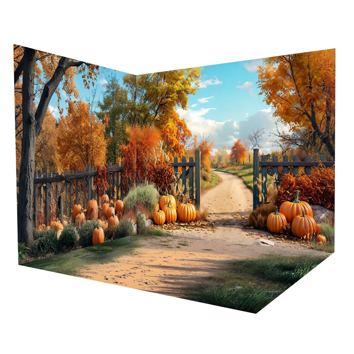 Fall Backdrops Country Road Pumpkin Fence Backdrop Room Set MRR8-226
