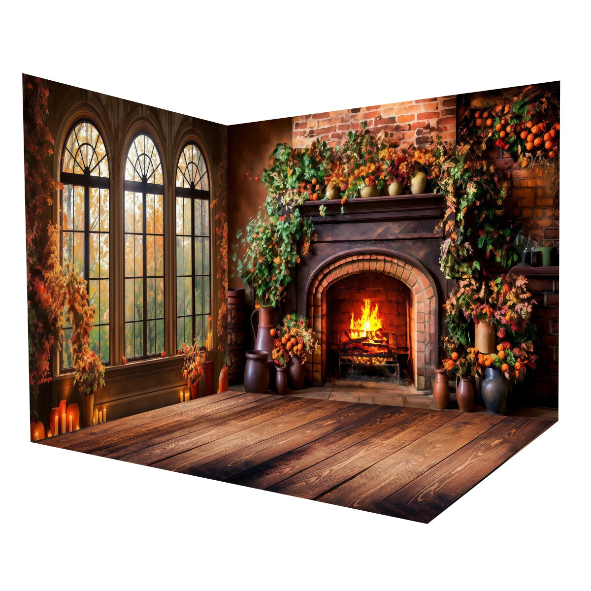 Fall Photo Backdrop Cozy Autumn Fireplace Glow Backdrop Room Set MRR8-227