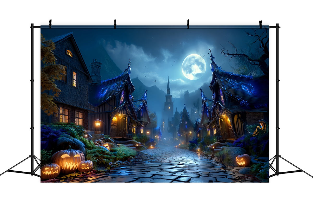Haunted House Backdrop Full Moon Haunted Village Street Halloween Backdrop MRR8-23