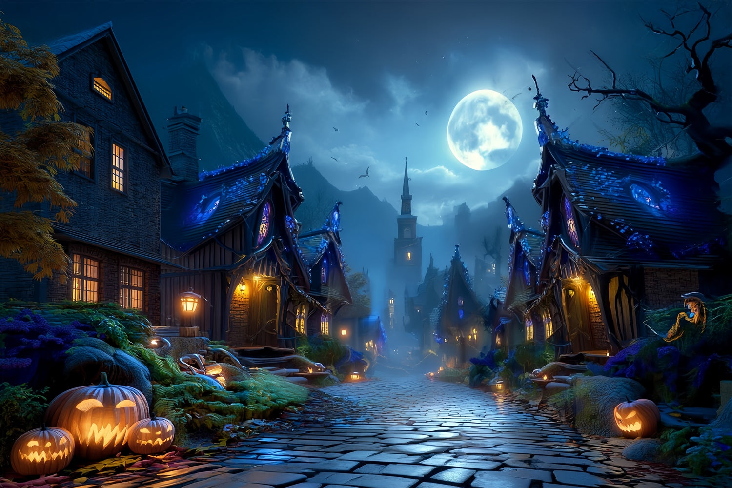Haunted House Backdrop Full Moon Haunted Village Street Halloween Backdrop MRR8-23