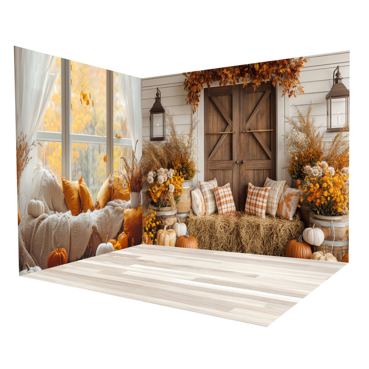 Fall Backdrops Cozy Autumn Window Pumpkins Backdrop Room Set MRR8-232