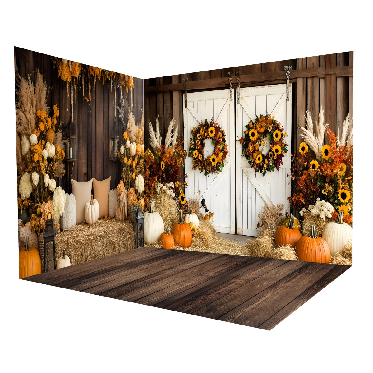 Autumn Backdrop Rustic Barn Doors Sunflowers Backdrop Room Set MRR8-233