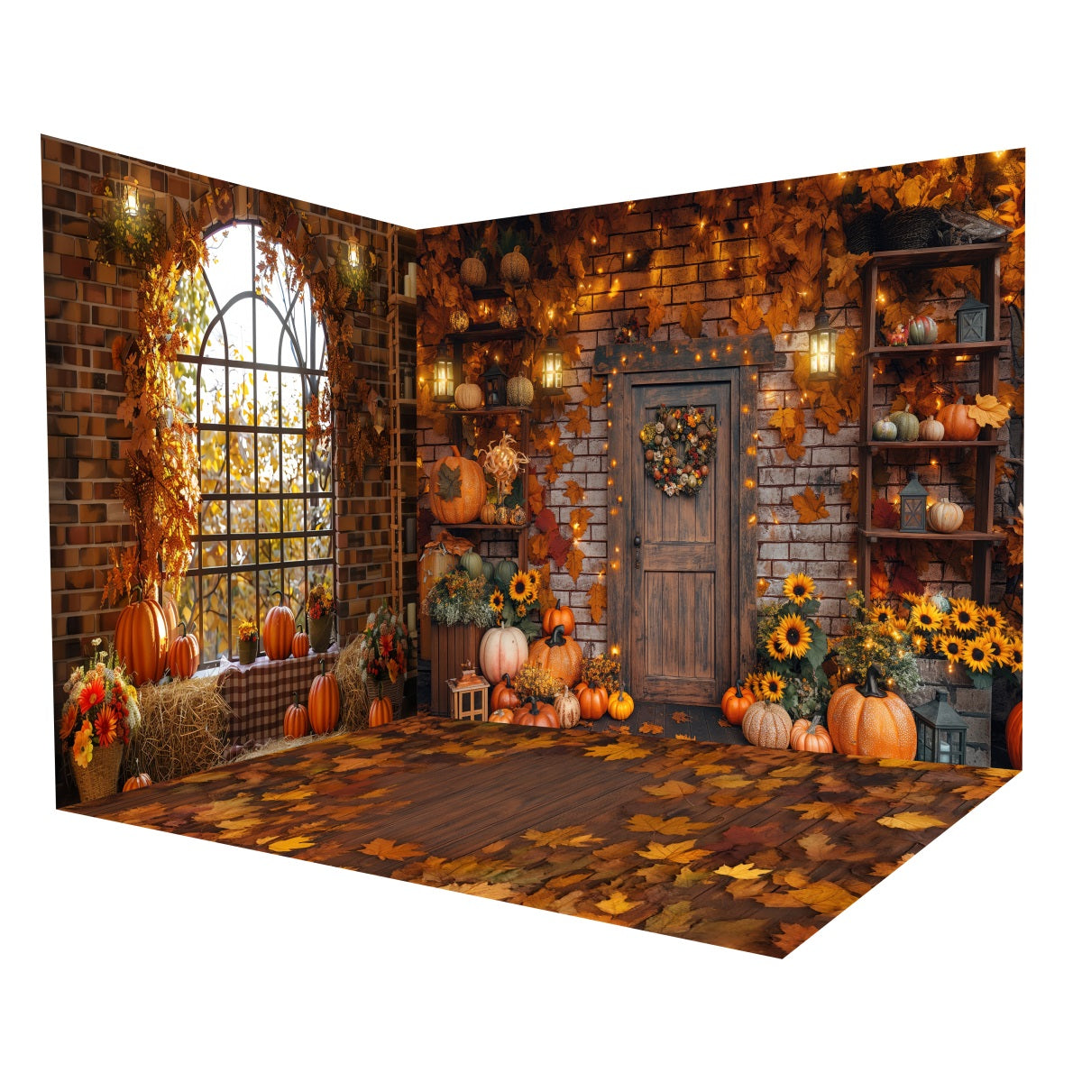 Fall Photo Backdrop Brick Wall Autumn Pumpkins Backdrop Room Set MRR8-234
