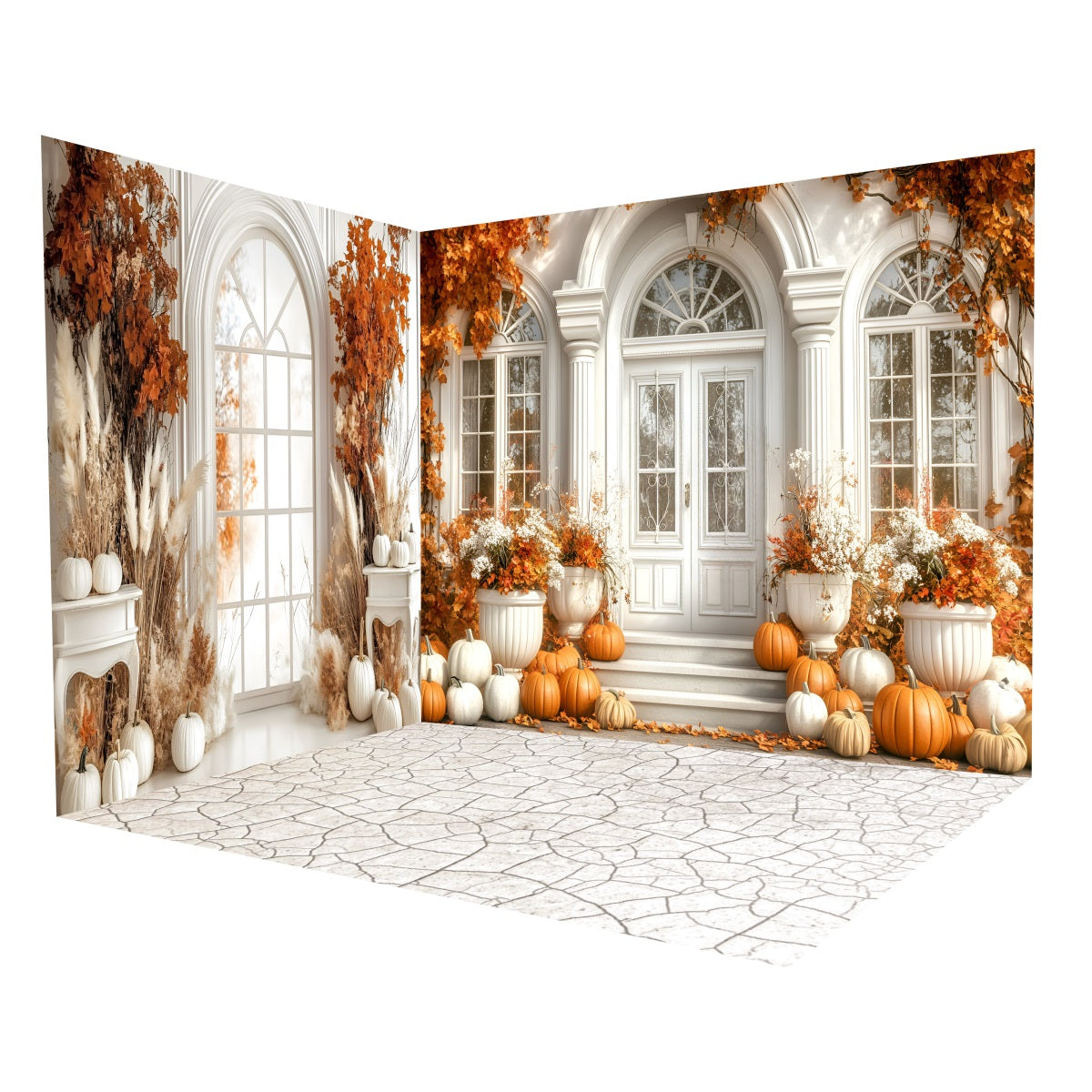Fall Backdrop White Mansion Autumn Pumpkins Backdrop Room Set MRR8-235