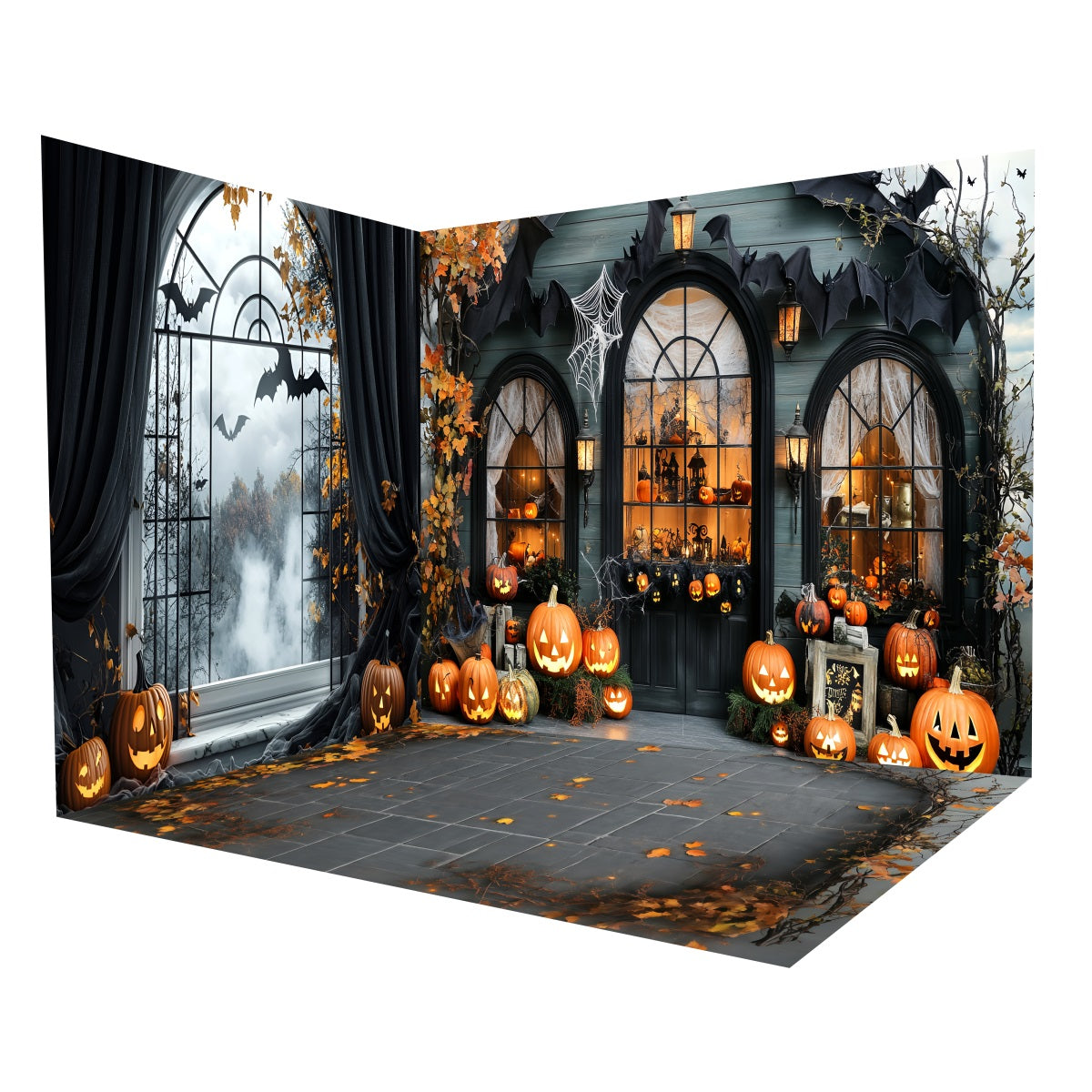 Halloween Photo Backdrop Pumpkin Lantern Gothic Window Backdrop Room Set MRR8-237
