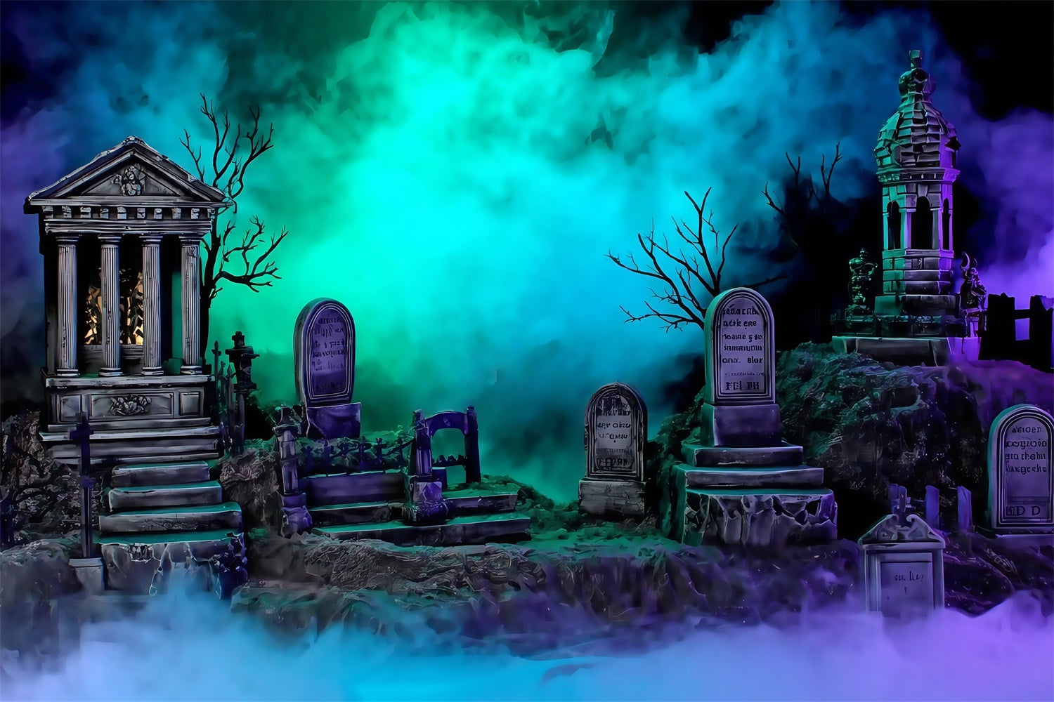 Halloween Graveyard Backdrop Glowing Foggy Tombstones Halloween Backdrop MRR8-24