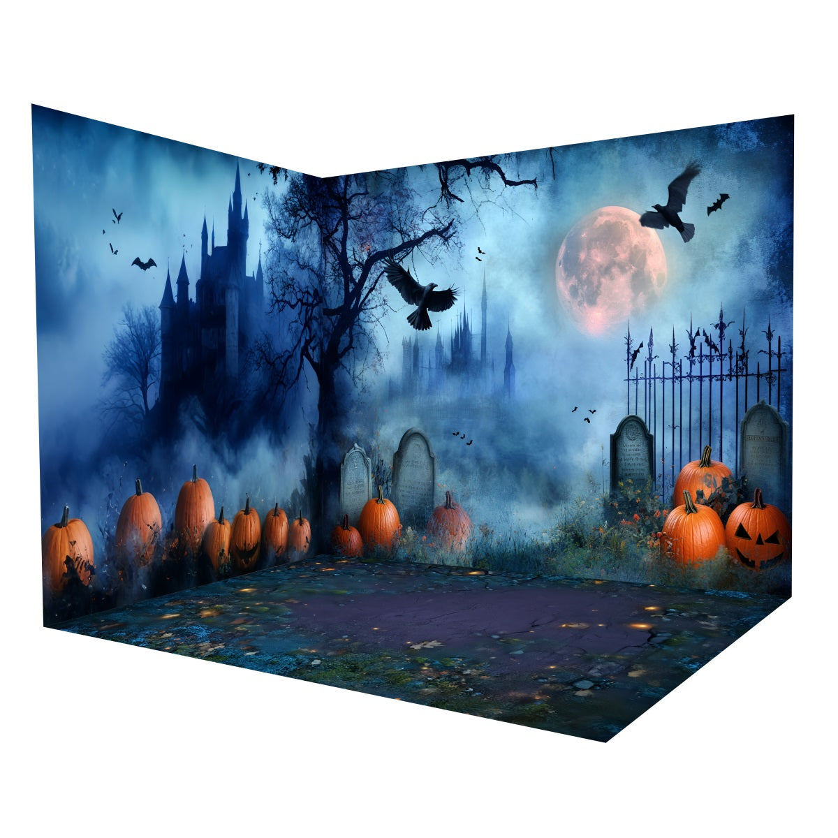 Halloween Backdrops Haunted Castle Moonlit Pumpkins Backdrop Room Set MRR8-240