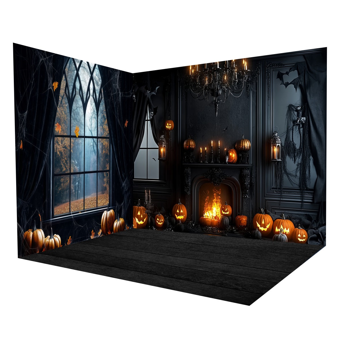 Halloween Picture Backdrop Dark Gothic Fireplace Pumpkins Backdrop Room Set MRR8-242