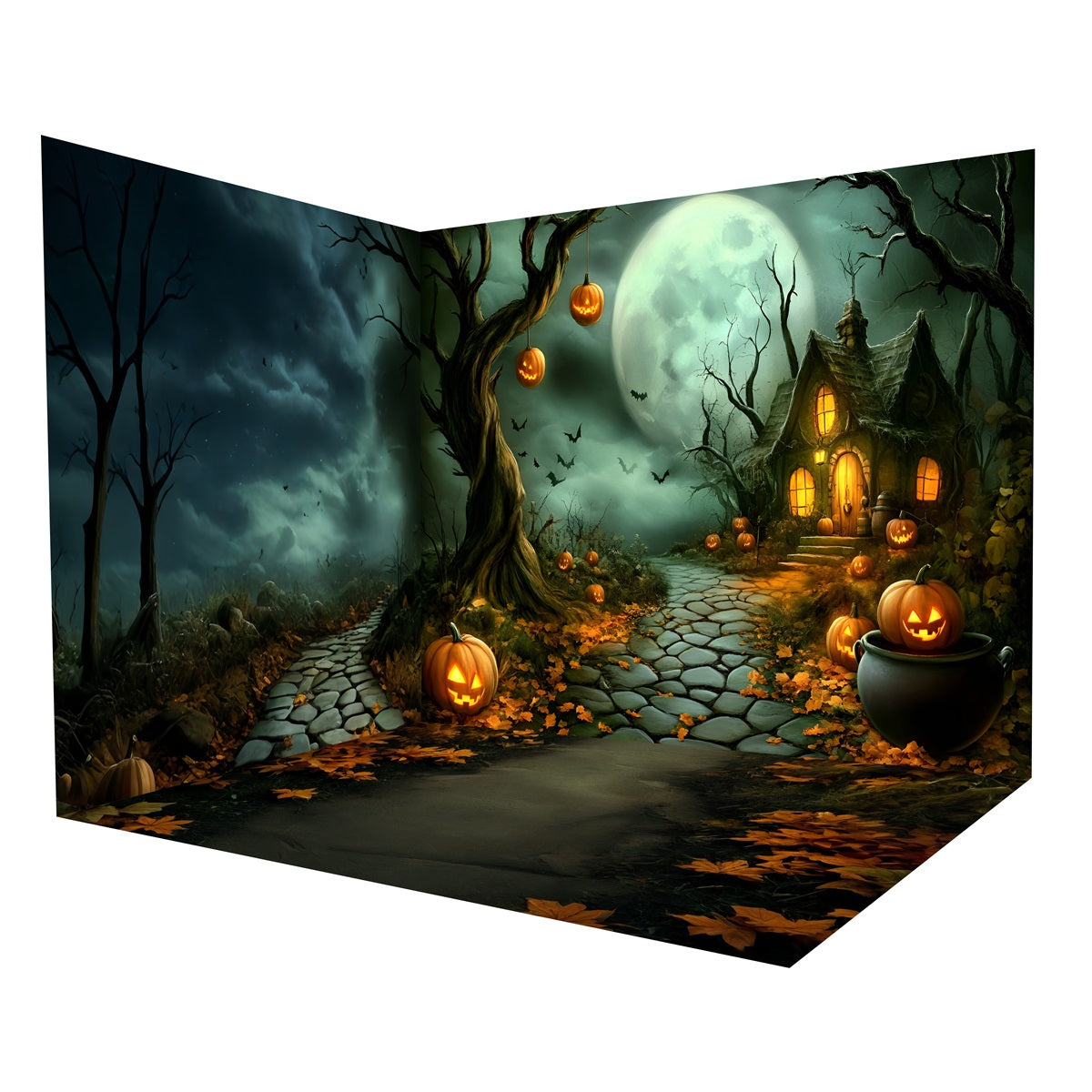 Halloween Photo Backdrop Ideas Haunted Pumpkin Cottage Moon Backdrop Room Set MRR8-248