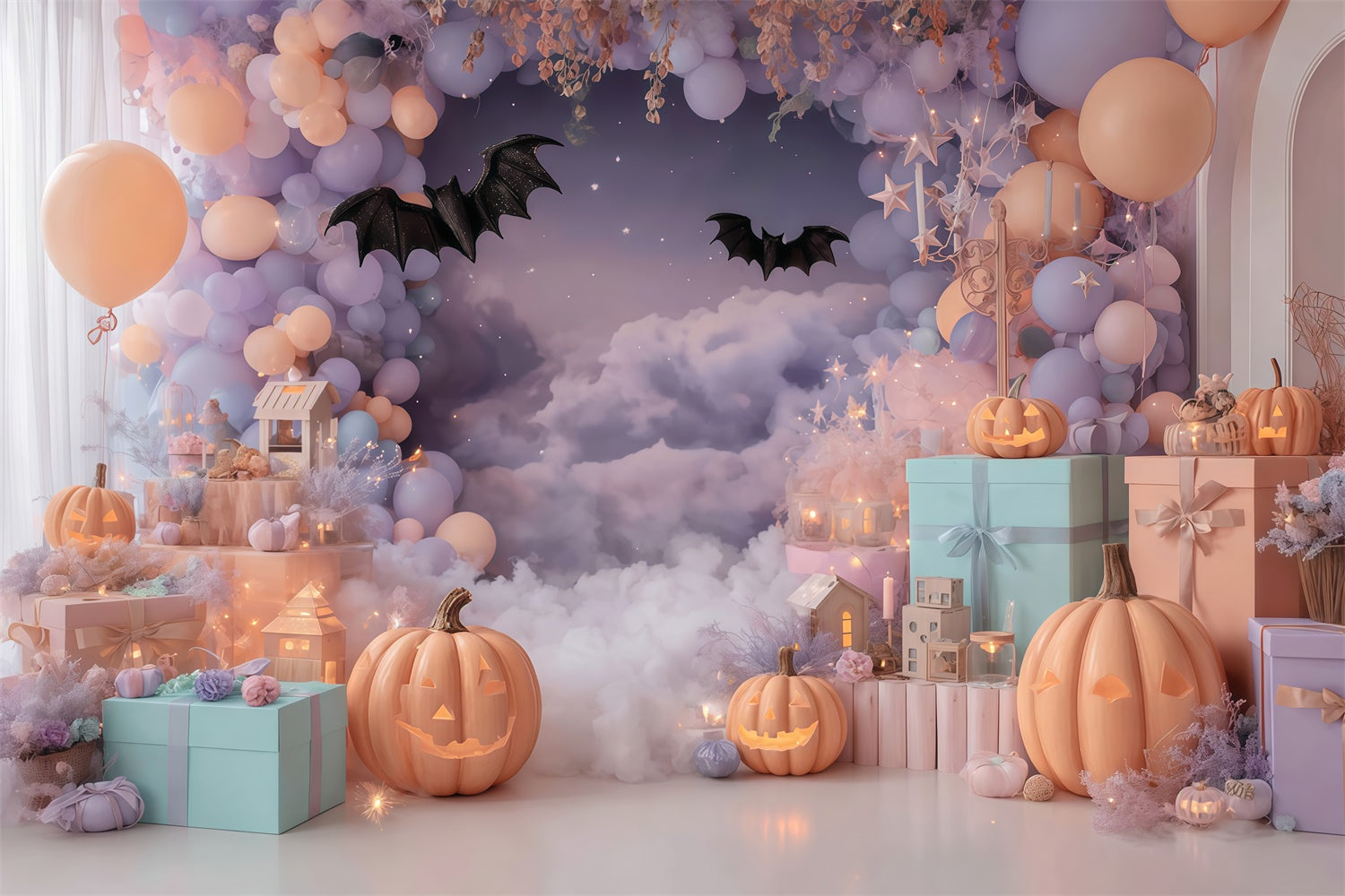 Halloween Backdrops for Photos Pastel Cloud Bat Party Halloween Backdrop MRR8-25