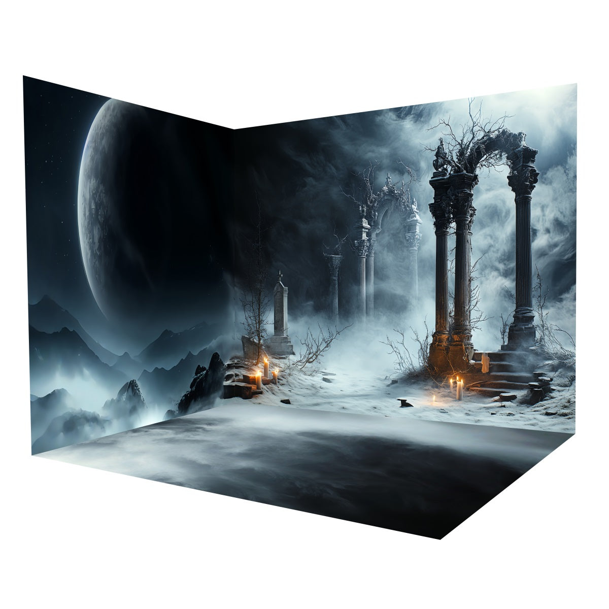 Halloween Photo Backdrop Moonlit Gothic Graveyard Mist Backdrop Room Set MRR8-251