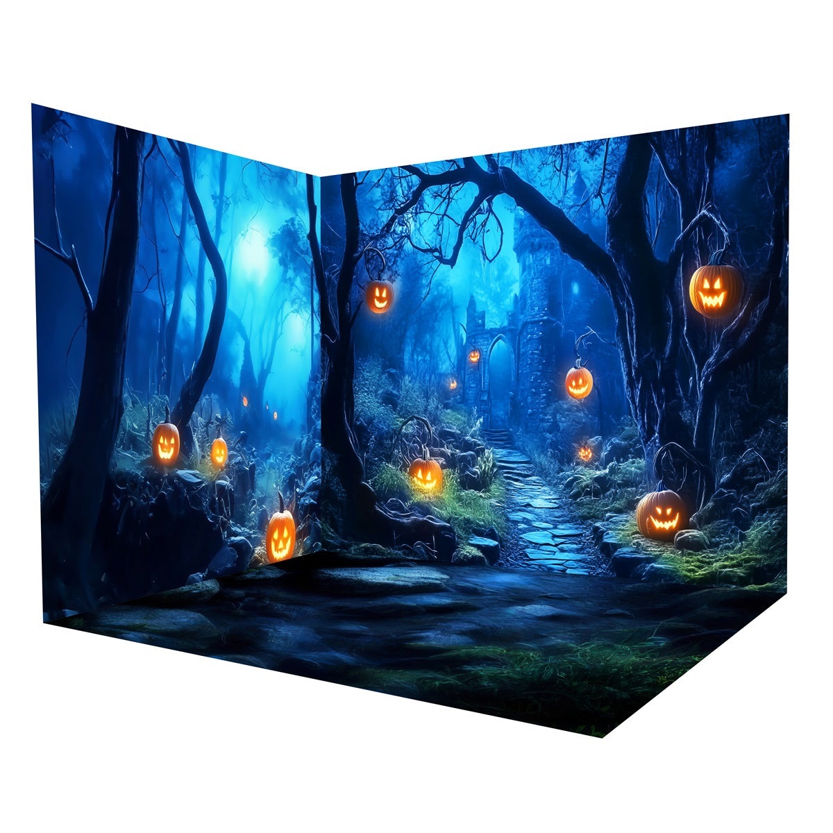 Halloween Backdrop Blue Enchanted Forest Pumpkins Backdrop Room Set MRR8-257