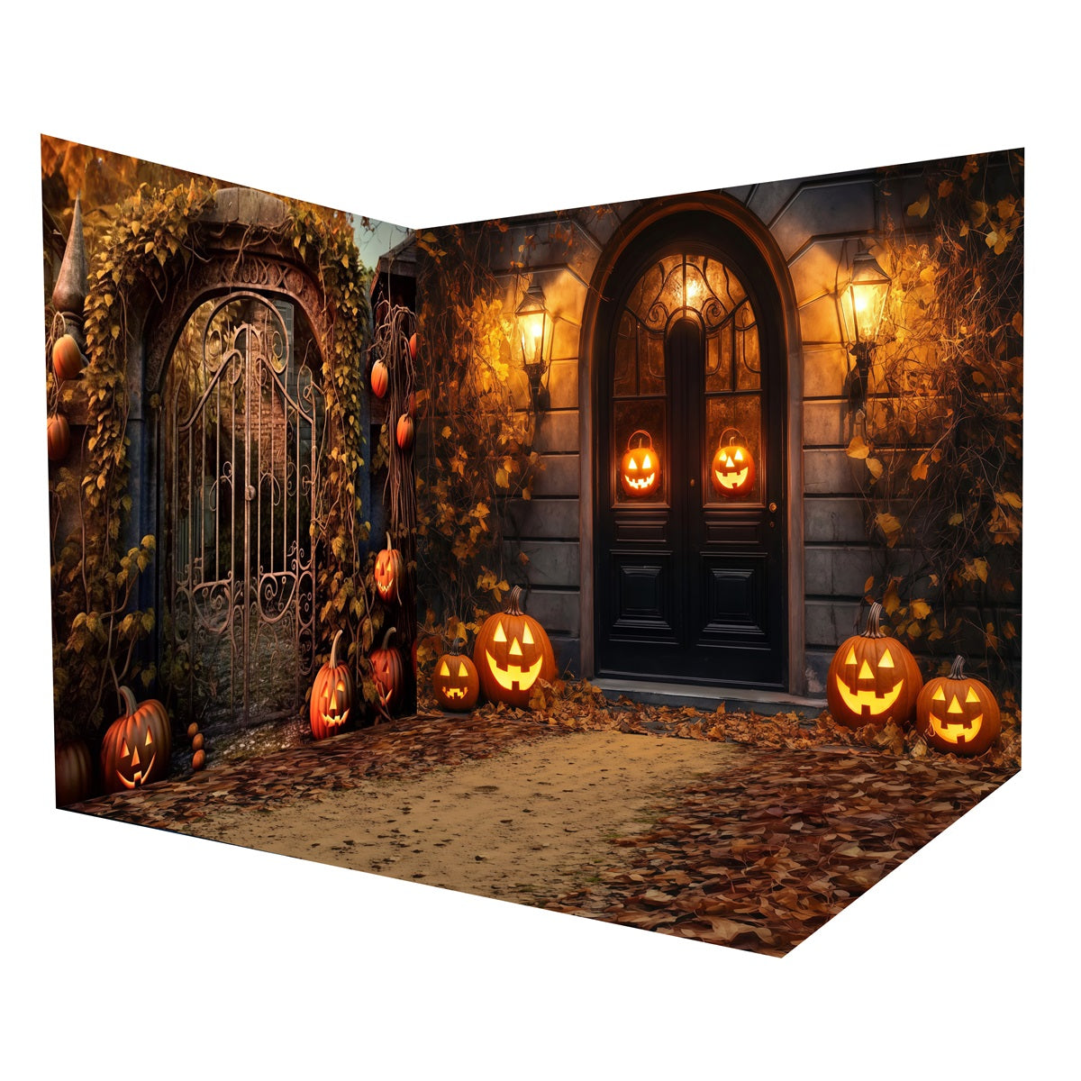 Halloween Photo Backdrop Rustic Gate Lantern Pumpkins Backdrop Room Set MRR8-258