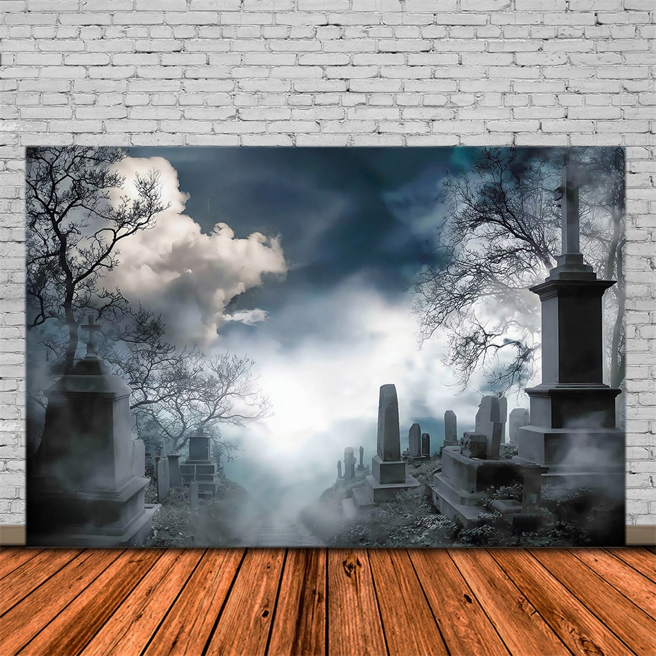 Halloween Graveyard Backdrop Eerie Misty Cemetery Hill Halloween Backdrop MRR8-26
