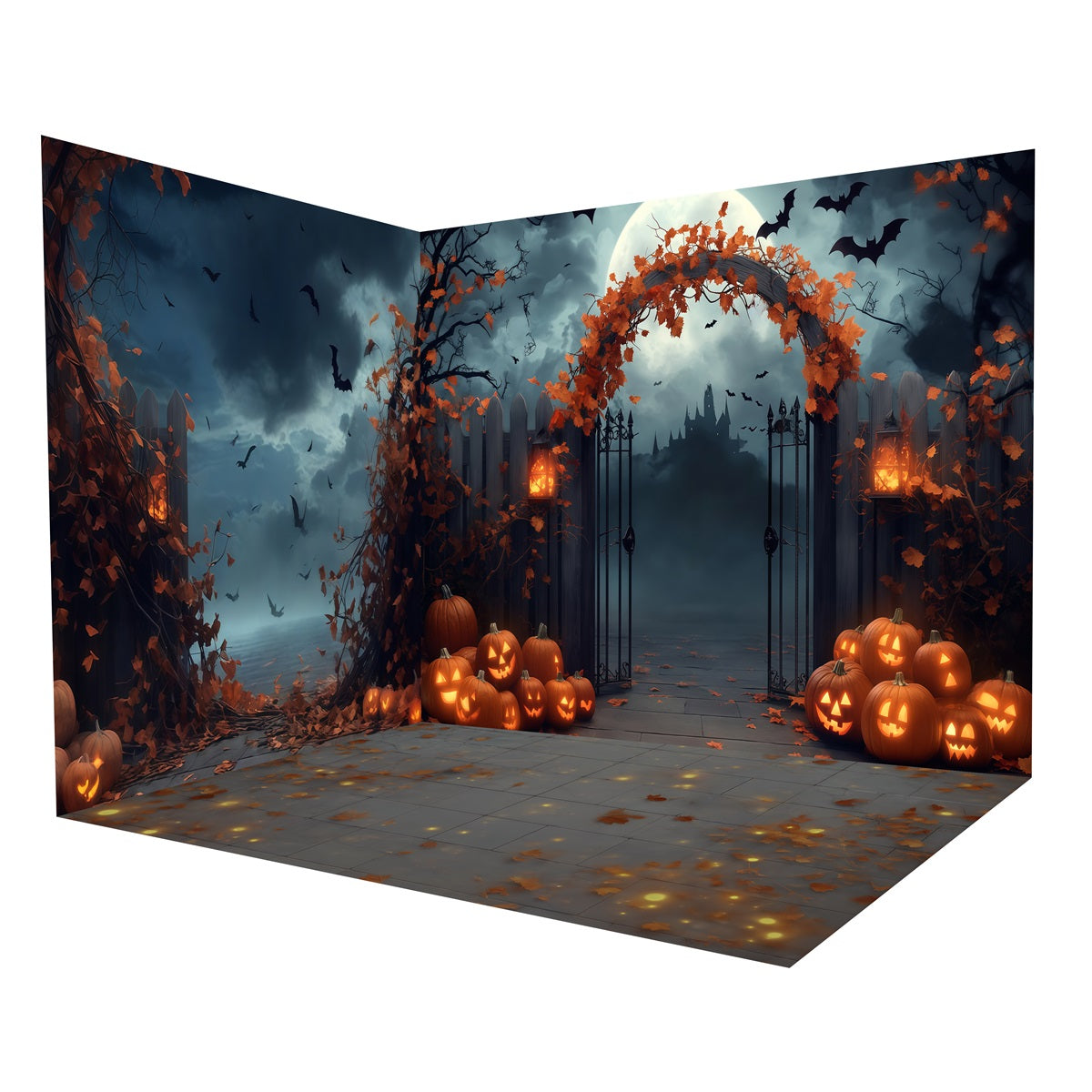Halloween Photo Booth Backdrop Spooky Iron Gate Pumpkins Backdrop Room Set MRR8-260
