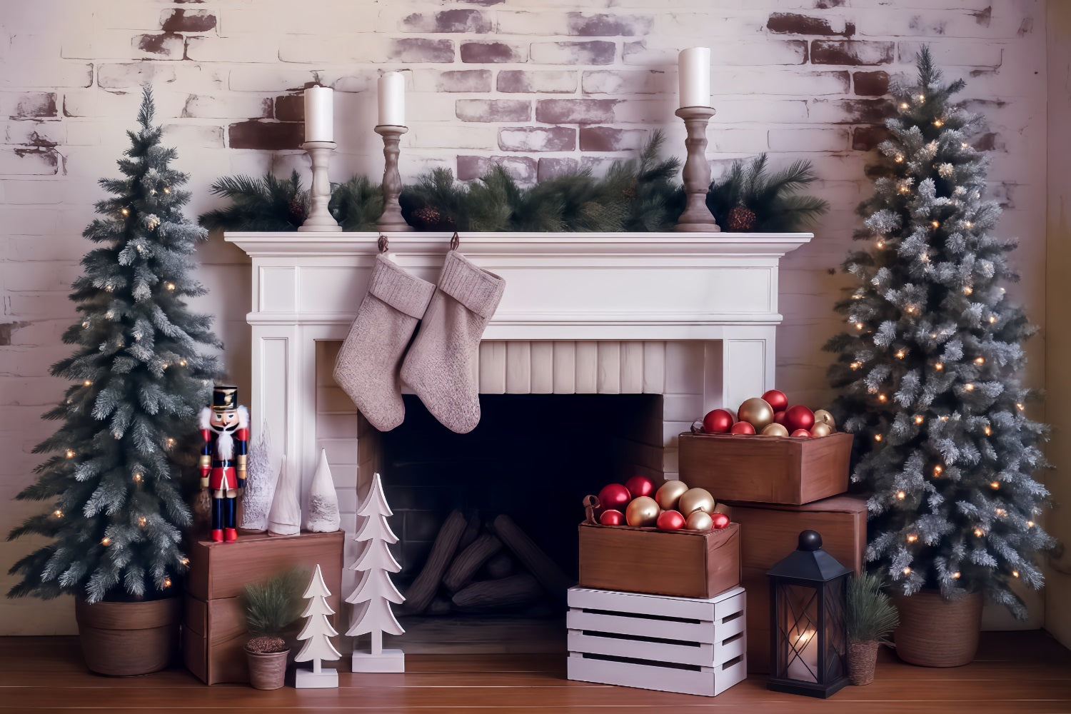 Christmas Backdrop Frosted Pines Fireplace Decor Christmas Photo Backdrop MRR8-261