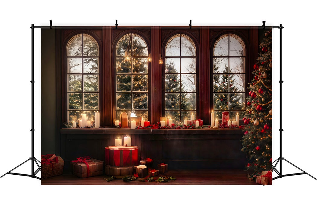 Christmas Photo Backdrop Candle Glow Window Snowy Trees Christmas Backdrops MRR8-262