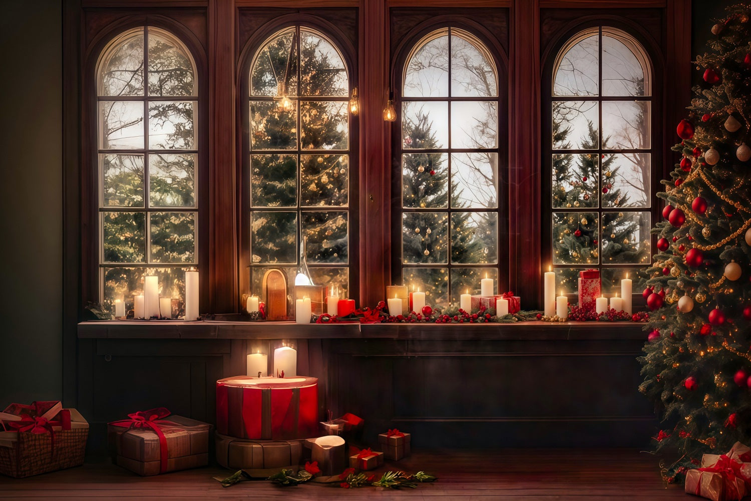 Christmas Photo Backdrop Candle Glow Window Snowy Trees Christmas Backdrops MRR8-262