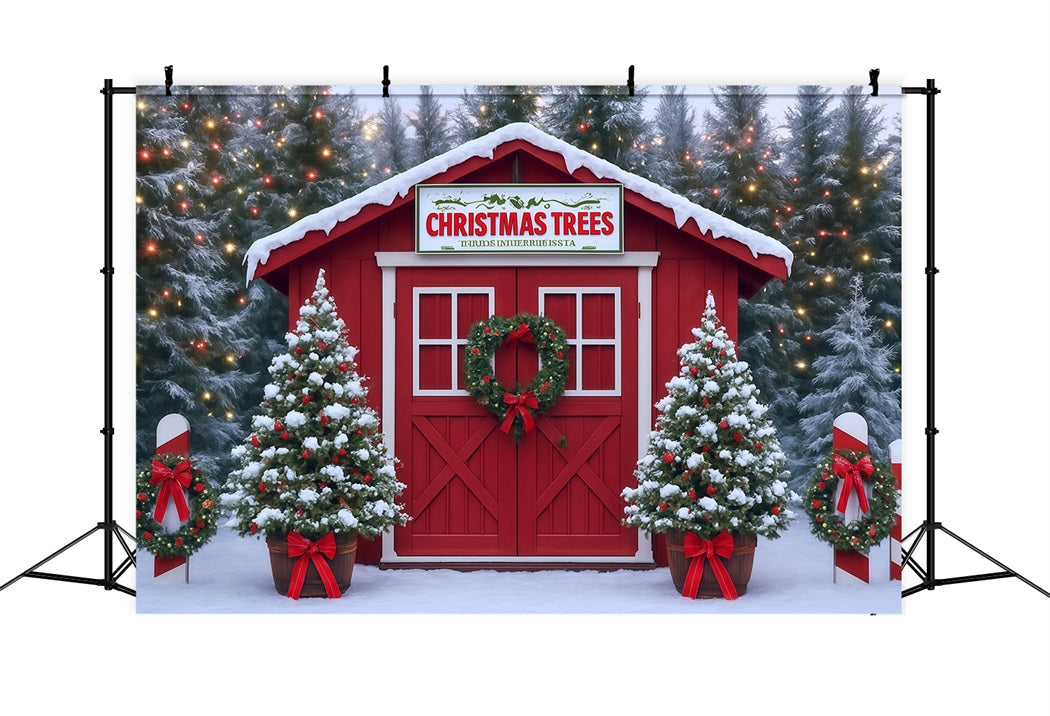 Christmas Trees Backdrop Snowy Farm House Red Barn Christmas Photo Backdrop MRR8-263