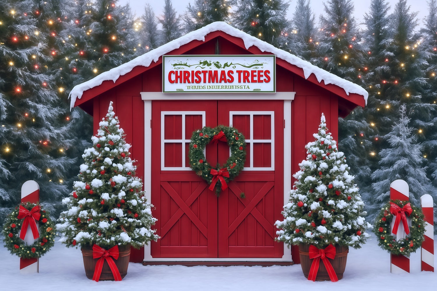 Christmas Trees Backdrop Snowy Farm House Red Barn Christmas Photo Backdrop MRR8-263