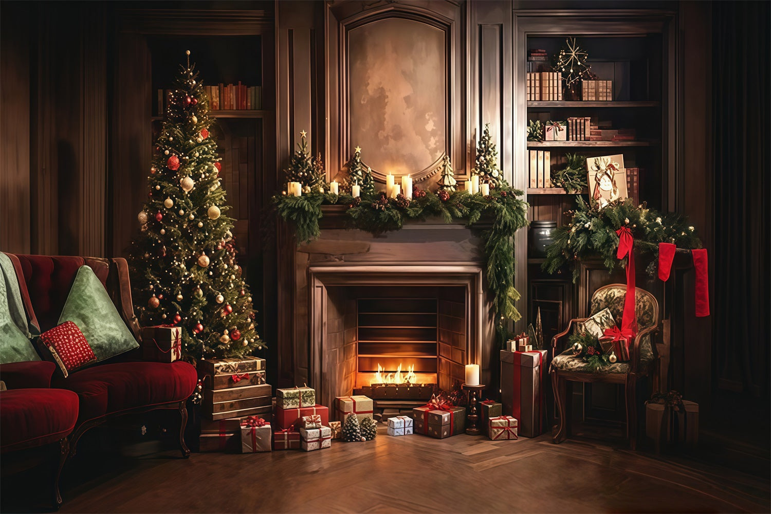 Christmas Backdrop Classic Fireplace Holiday Room Christmas Backdrop for Photos MRR8-264