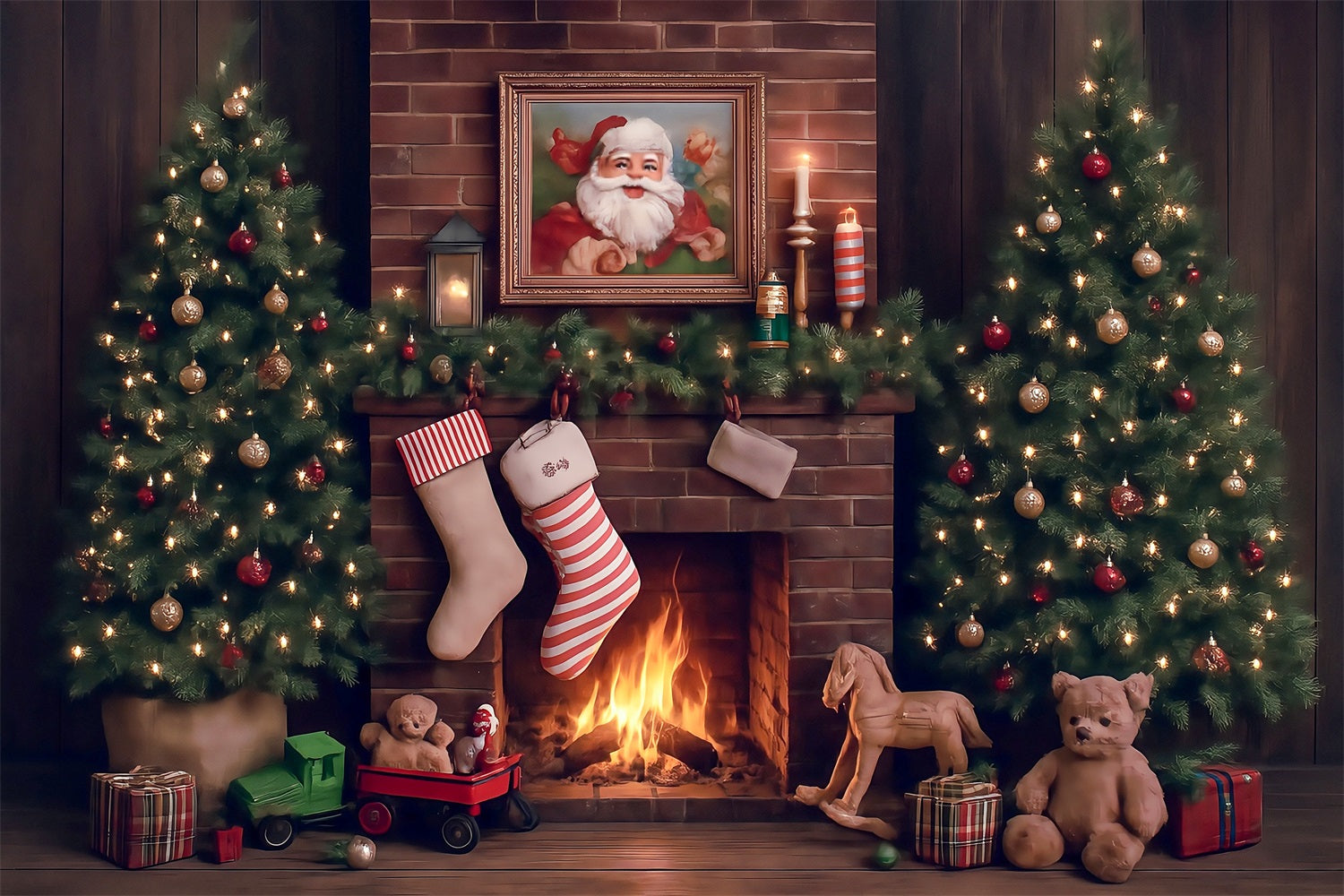 Christmas Backdrops Santa Fireplace Magic Tree Gifts Christmas Photography Backdrops MRR8-265