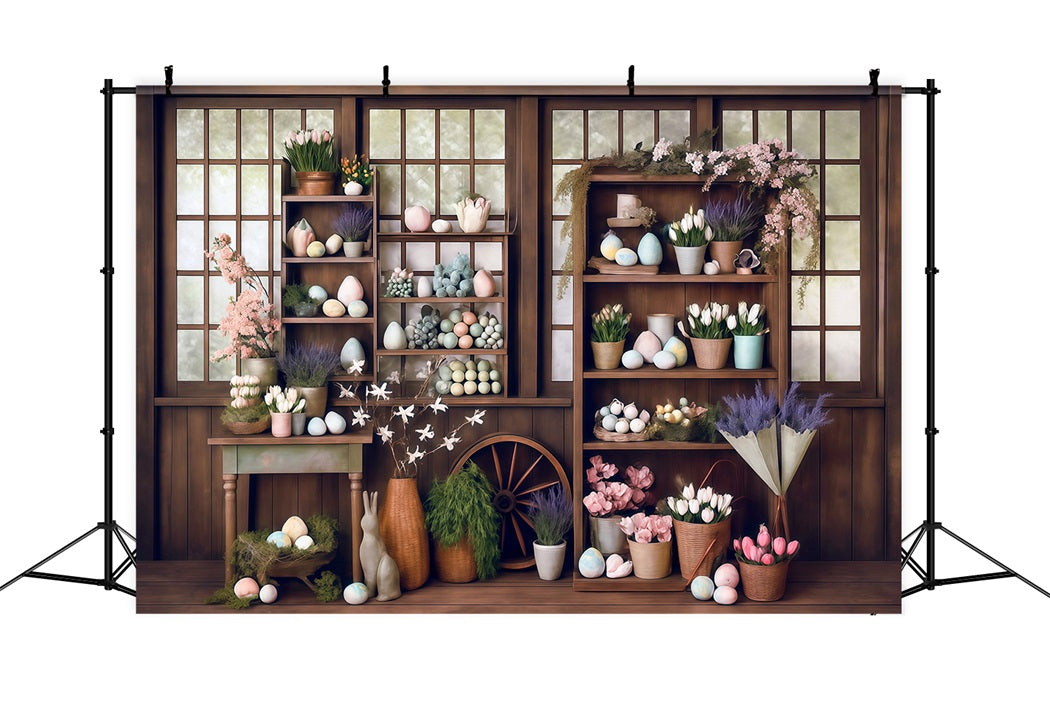 Easter Backdrop Rustic Window Eggs Flowers Easter Photo Backdrop MRR8-266