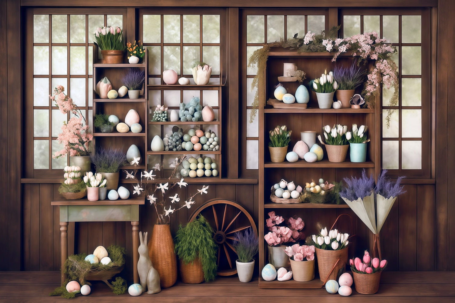 Easter Backdrop Rustic Window Eggs Flowers Easter Photo Backdrop MRR8-266