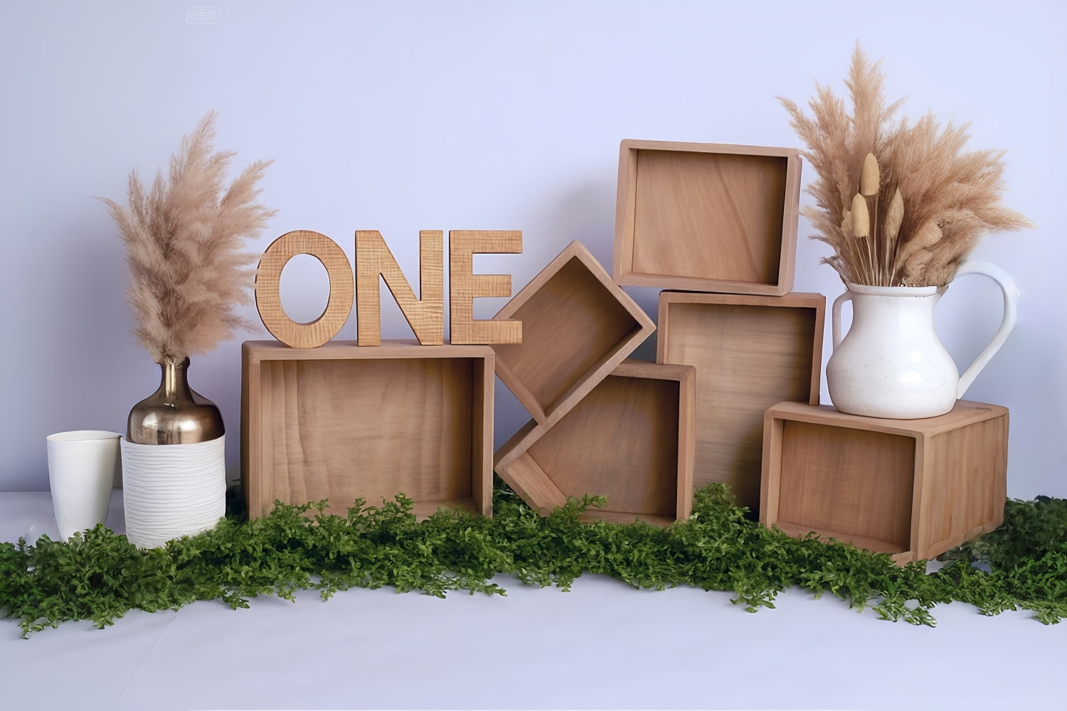 Cake Smash Backdrops Wooden Boxes Pampas Arrangement 1st Birthday Backdrop MRR8-269