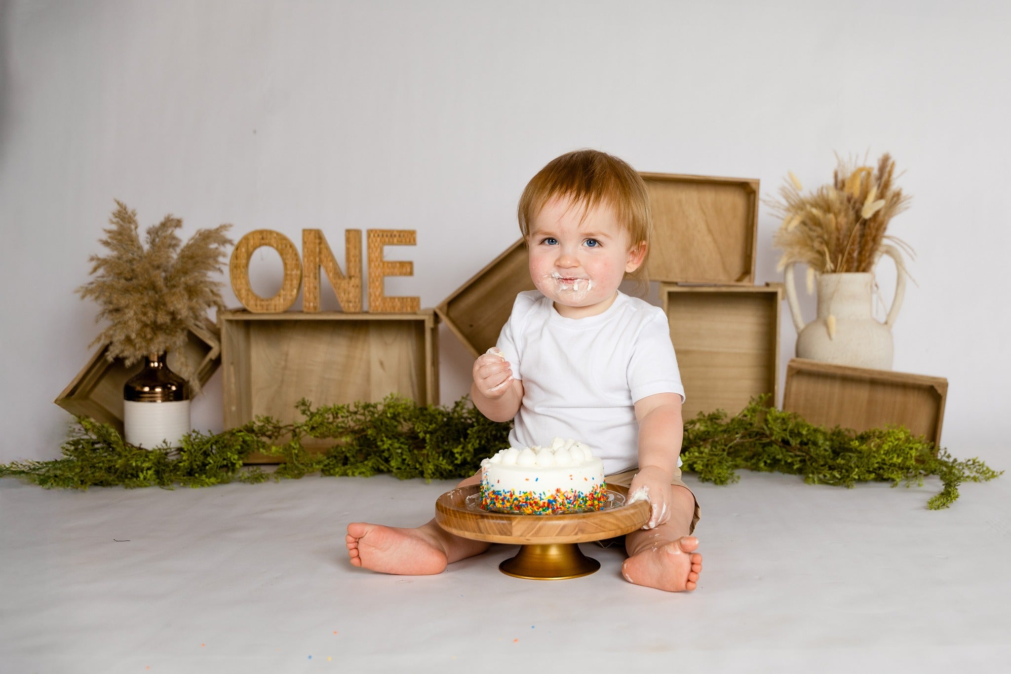 Cake Smash Backdrops Wooden Boxes Pampas Arrangement 1st Birthday Backdrop MRR8-269