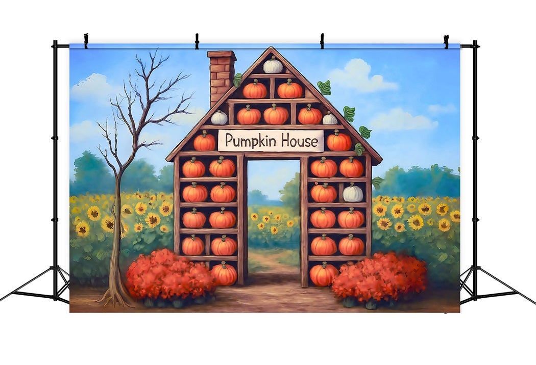 Fall Backdrop Pumpkin House Harvest Sunflower Fall Photo Backdrop MRR8-271